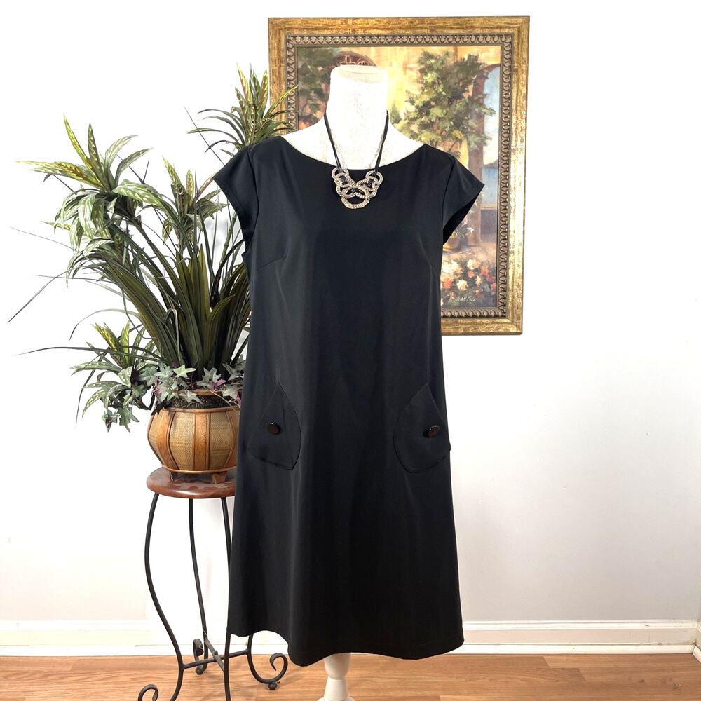 K Studio Black Sheath Dress 14 Cap Sleeve Career Office Midi Pockets Fairycore